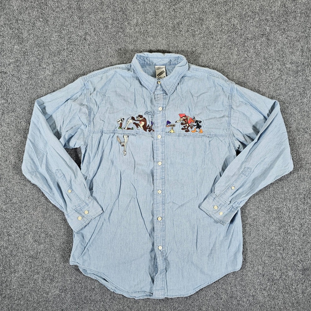 VTG 1998 Looney Tunes Embroidered Denim‎ Shirt Button Up Cartoon Men's Blue Sz M